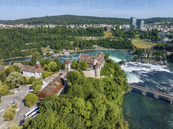 Aerial view of the Rhine Falls with tourist centre and Laufen Castle, Neuhausen, Canton