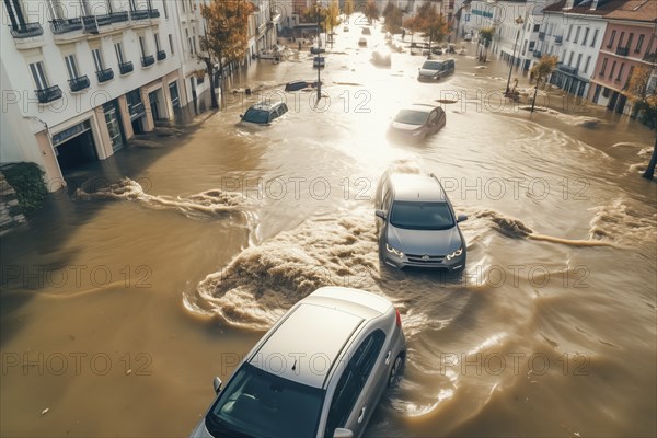 Climate change disaster flood catastrophe concept background, cars in flooded street of European