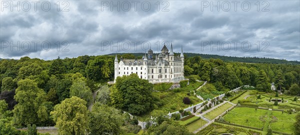 Aerial panorama of Dunrobin Castle, Golspie, Sutherland, Highlands, Scotland, United Kingdom,
