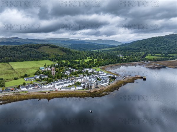 Aerial view of the village of Inveraray on Loch Fyne, a 65 kilometre long fjord, Argyll and Bute,