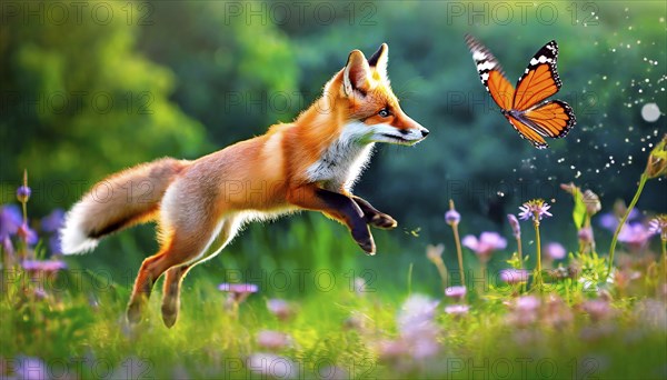 A red fox playfully chases a butterfly, AI generated