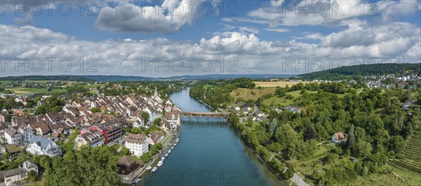 Aerial panorama of Diessenhofen with the historic wooden bridge over the Rhine, Canton Thurgau,
