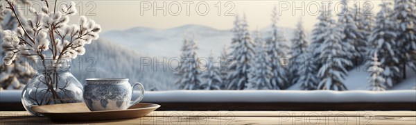 Christmas themed decorative empty wooden base for product item or text display, AI generated