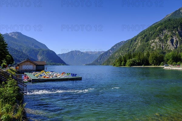 Bathing beach with boat hire, near Achenkirch, Achensee, Tyrol, Austria, Europe
