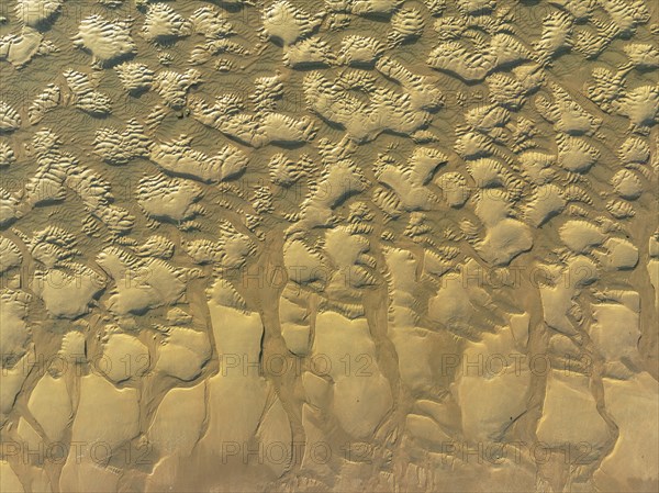 Sandy shapes at low tide at the shore of the Atlantic Ocean near Cape Trafalgar. Aerial view. Drone