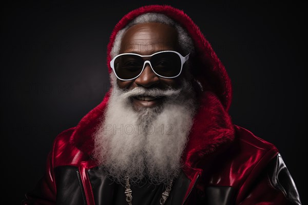 Modern black Santa Claus in Santa hat with sunglasses and long white beard, smiling while looking
