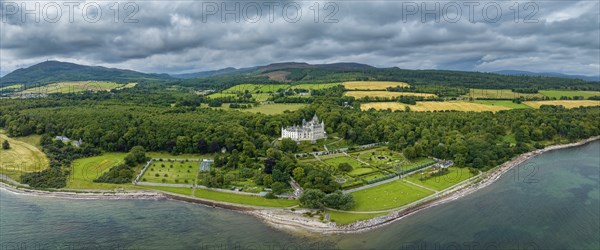 Aerial panorama of Dunrobin Castle, Golspie, Sutherland, Highlands, Scotland, United Kingdom,
