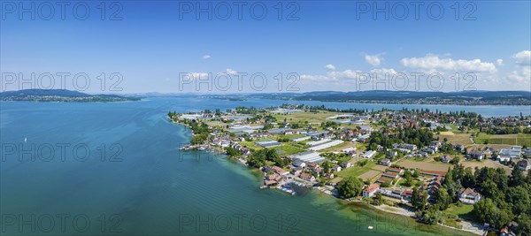 Aerial panorama of the western part of Reichenau Island, on the horizon from the left the Höri