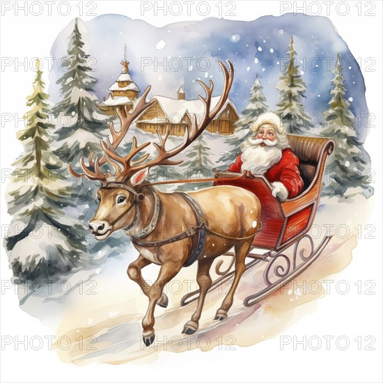 A watercolor drawing illustration of Santa Claus sleigh ride with reindeer, in the style of