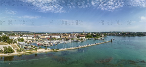 Aerial panorama of the city of Constance and the Lake Constance harbour, on the left the Sealife