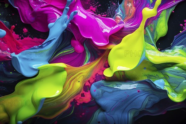 Abstract background of vibrant colorful neon colored paint splashes on black background, AI