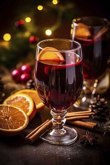 Glass of traditional mulled wine with orange and cranberry garnishes on a cozy Christmas table. The