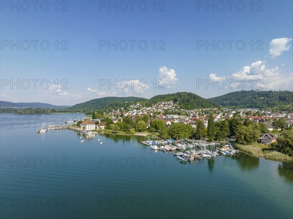 Aerial view of Lake Constance with the municipality of Bodman-Ludwigshafen with the marina and old