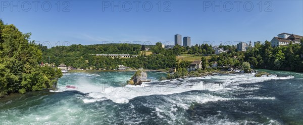Aerial panorama of the Rhine Falls, viewing terrace on the left, Neuhausen, Canton Schaffhausen,