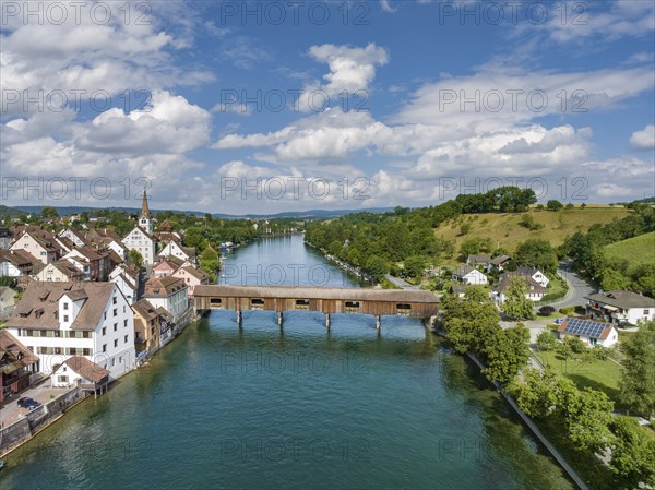 Aerial view of Diessenhofen with the historic wooden bridge over the Rhine, Canton Thurgau,
