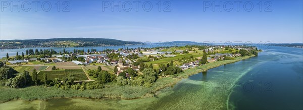 Aerial panorama of Reichenau Island with St. George's Church, Oberzell, Reichenau, UNESCO World