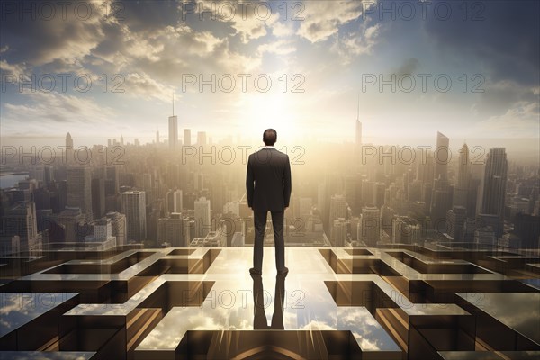 Man in a suit standing on a rooftop with a view of the city skyline at sunrise with clouds and