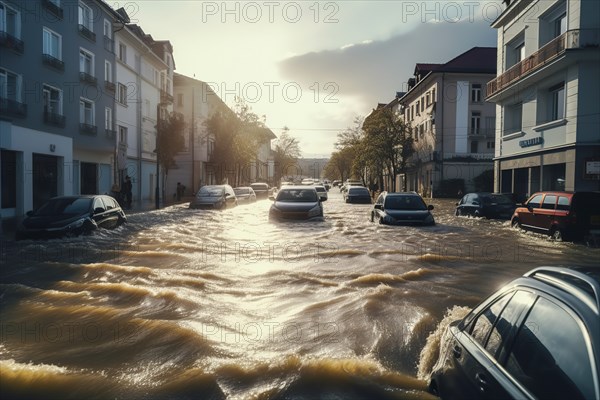 Climate change disaster flood catastrophe concept background, cars in flooded street of European