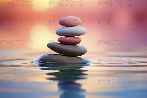 Stack of zen stones on water with a nature background. The image conveys a sense of balance,