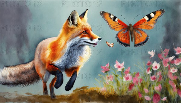 A red fox playfully chases a butterfly, AI generated