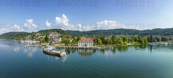 Aerial panorama of Lake Constance with the municipality of Bodman-Ludwigshafen with the marina and