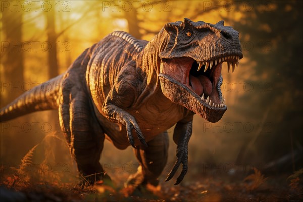 Tyrannosaur rex roaring in a prehistoric forest with lush vegetation, ferns and sunlight, AI