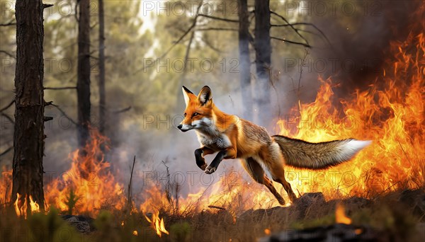 Climate change, global warming, environmental catastrophe, a red fox flees from a forest fire in