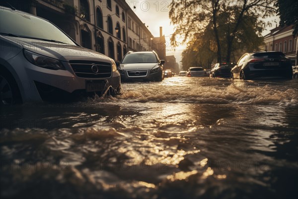 Climate change disaster flood catastrophe concept background, cars in flooded street of European