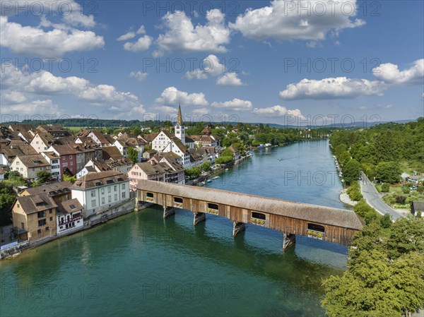 Aerial view of Diessenhofen with the historic wooden bridge over the Rhine, Canton Thurgau,