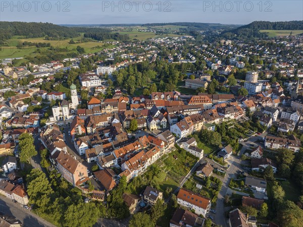 Aerial view of the town of Stockach with the church of St. Oswald in the upper town, historic town
