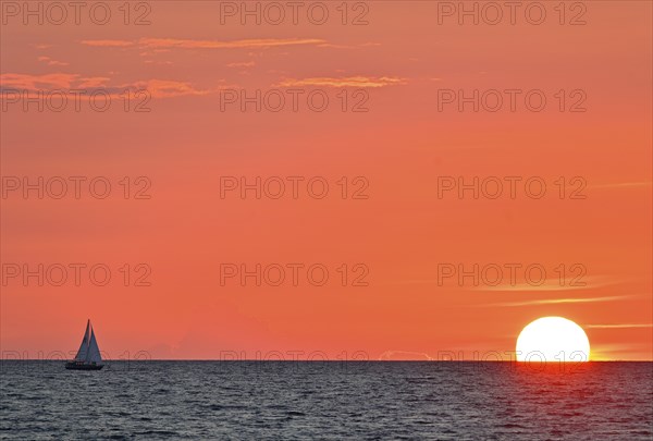 Sailboat sailing in the evening towards the setting sun, Baltic Sea, Poel Island,