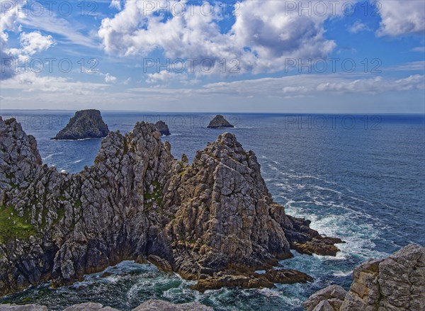 Formation of rugged rocks at Pointe de Penhir, a cape on the Crozon Peninsula, on the Atlantic