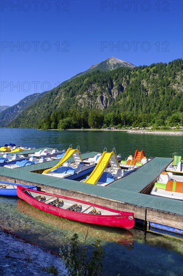 Bathing beach with boat hire, near Achenkirch, Achensee, Tyrol, Austria, Europe