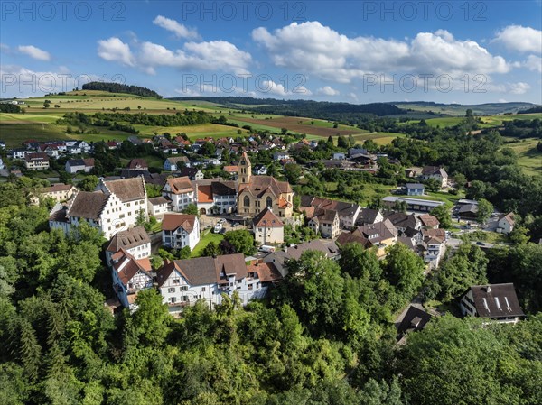 Aerial view of flower field, district of the southern Baden town of Tengen with flower field Castle