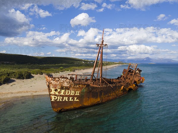 Drone shot, Dimitrios shipwreck, Glyfada beach, Selinitsa, Gythio, Githio, Gythion, Mani, Lakonia,