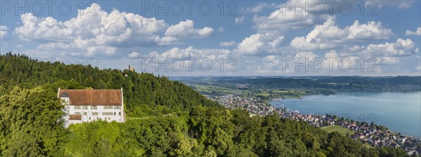 Aerial panorama of Lake Constance with Frauenberg Castle, also known as Frauenberg Castle, behind