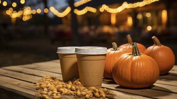 Cups of hot apple cider, hot chocolate or coffee at an outdoor fall decorated party, AI generated