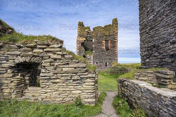 Girnigoe and Sinclair Castle, Rock Castle on the North Sea Coast, Wick, County Caithness, Scotland,