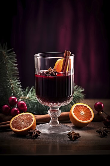 Glass of traditional mulled wine with orange and cranberry garnishes on a cozy Christmas table. The