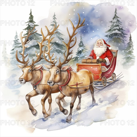 A watercolor drawing illustration of Santa Claus sleigh ride with reindeer, in the style of