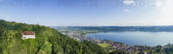 Aerial panorama of Lake Constance with Frauenberg Castle, also known as Frauenberg Castle, behind