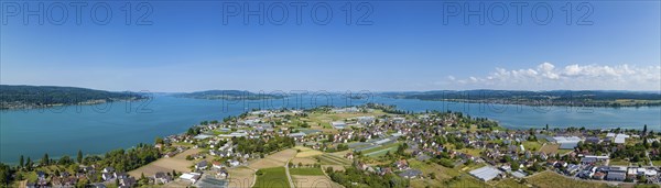Aerial panorama of the western part of the island of Reichenau, on the horizon from the left the