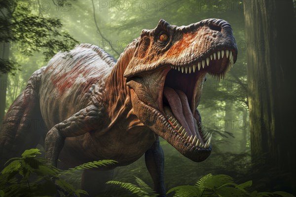 Tyrannosaur rex roaring in a prehistoric forest with lush vegetation, ferns and sunlight, AI