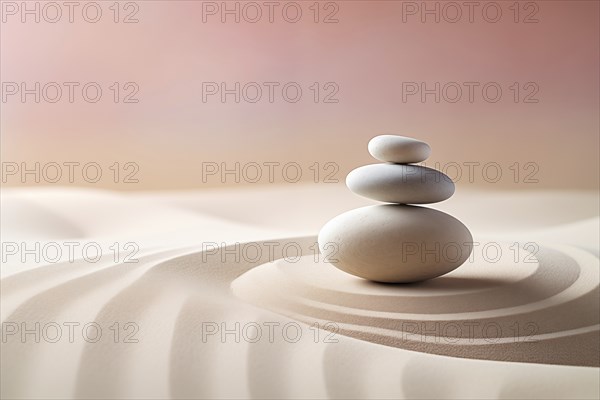 Zen stones stack on raked sand waves in a minimalist setting for balance and harmony. Balance,