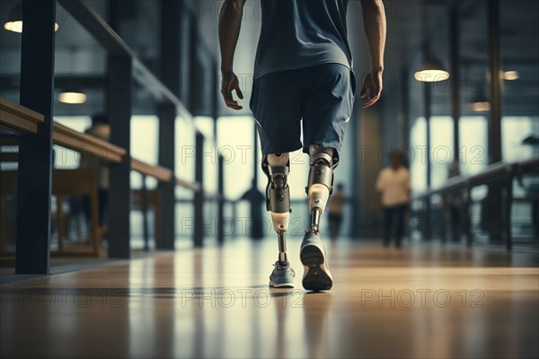 Amputee sportsman walking in corridor with bionic prosthetic legs prosthesis with robotic