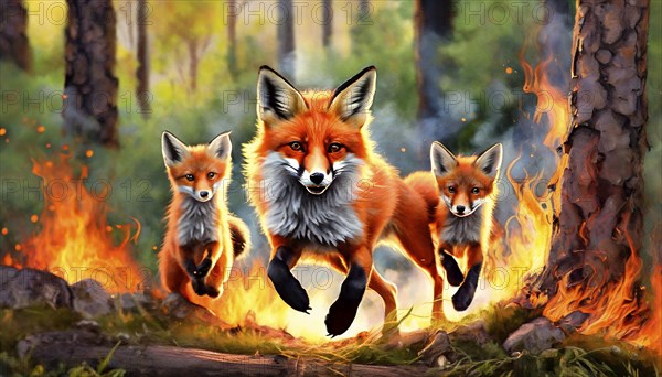 Climate change, global warming, environmental disaster, a red fox, a fawn, flees with her pups from