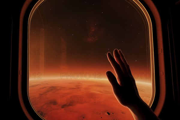 Mars landscape seen through spaceship window illuminator with astronaut hand touching the glass.
