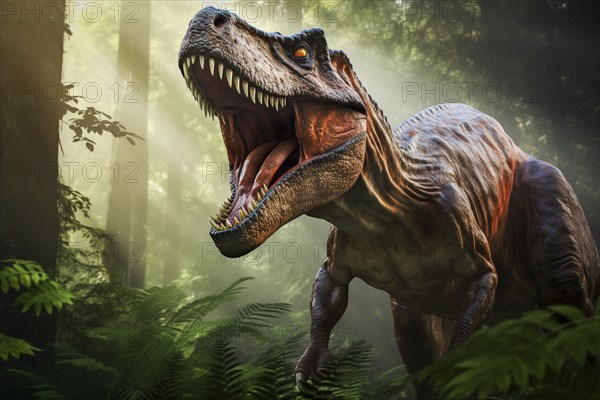 Tyrannosaur rex roaring in a prehistoric forest with lush vegetation, ferns and sunlight, AI