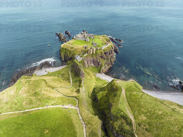Aerial view of Dunnottar Castle ruins on the North Sea coast, Stonehaven, Aberdeenshire, Scotland,