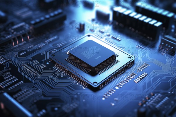 Close-up image of a blue circuit board with a central microchip processor CPU with various